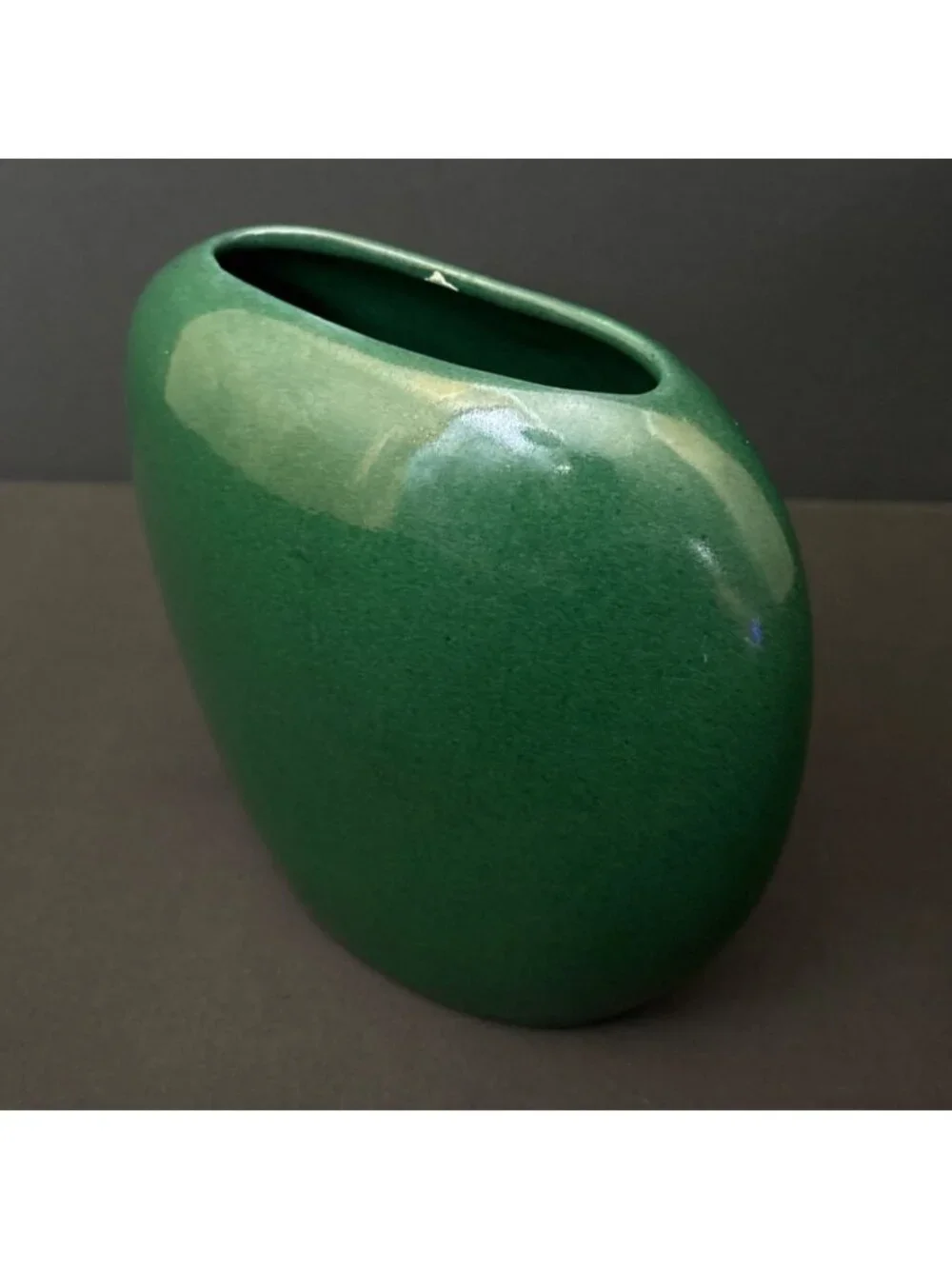 Vintage Green Vase Ceramic Glossy Finish Asymmetrical Oval Shape Modern Design